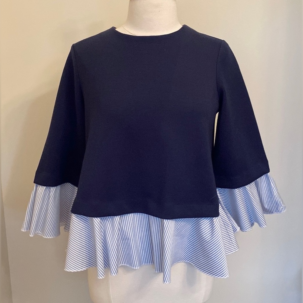 Halogen Navy Blue Striped Peplum Waist Oversized Nautical Casual Top Size XS